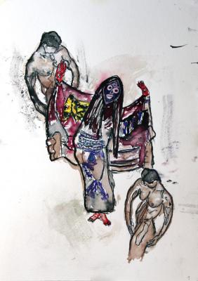 Zeichnung The dancing mask 01 Aquarellpap, Tusche - Wolfgang Bretschneider - Array auf Array - Array - Array Zeichnung The dancing mask 01 Aquarellpap, Tusche - Wolfgang Bretschneider - Array auf Array - Array - Array